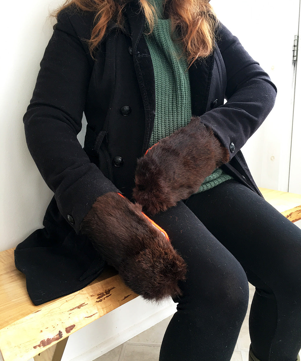 Women's Large / Men's Small Eco-Friendly Real Fur Mittens - Brown Rabbit Neon Wool