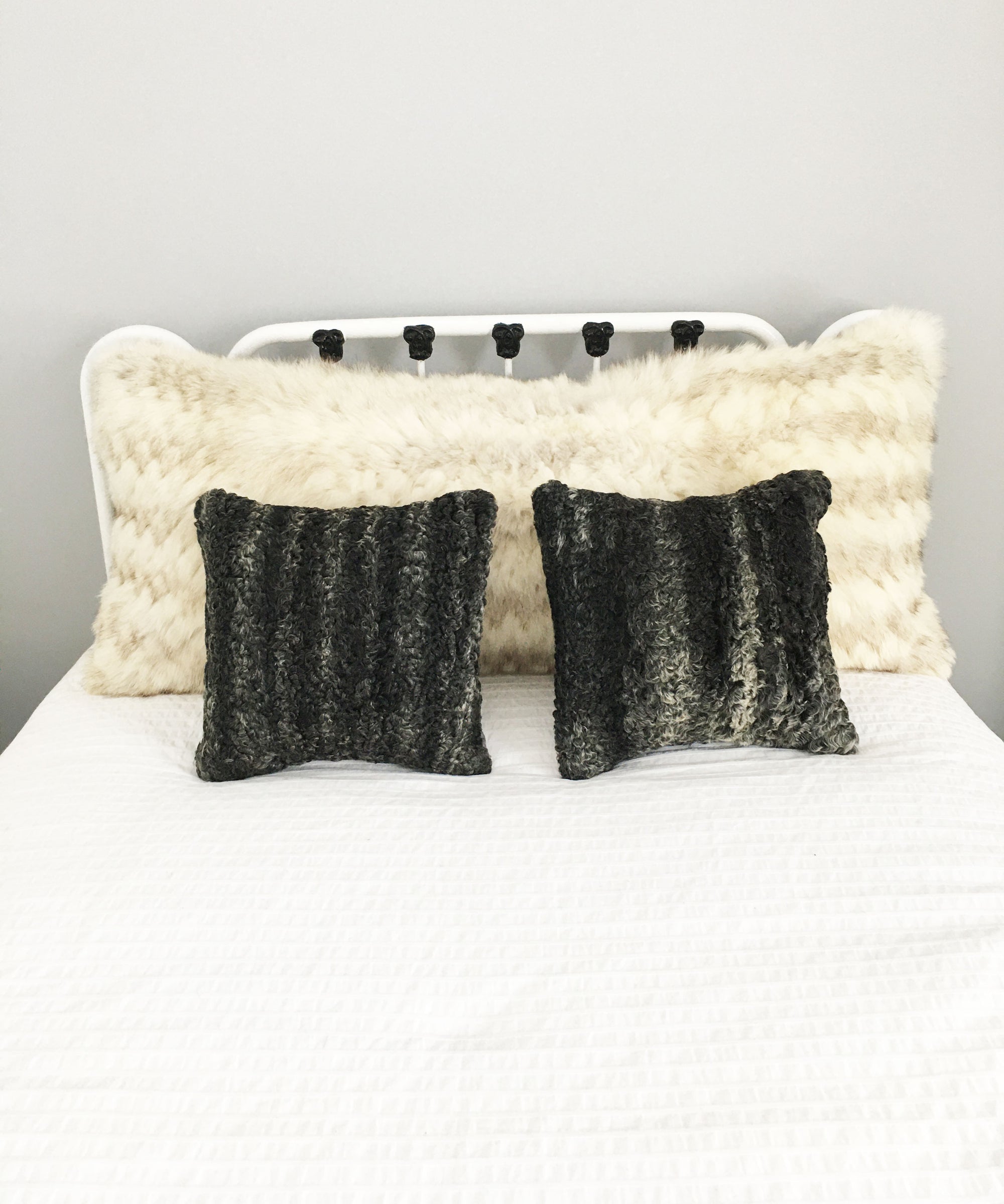 Square Fur Accent Pillows, 14" x 14", Dark Gray Persian Lamb