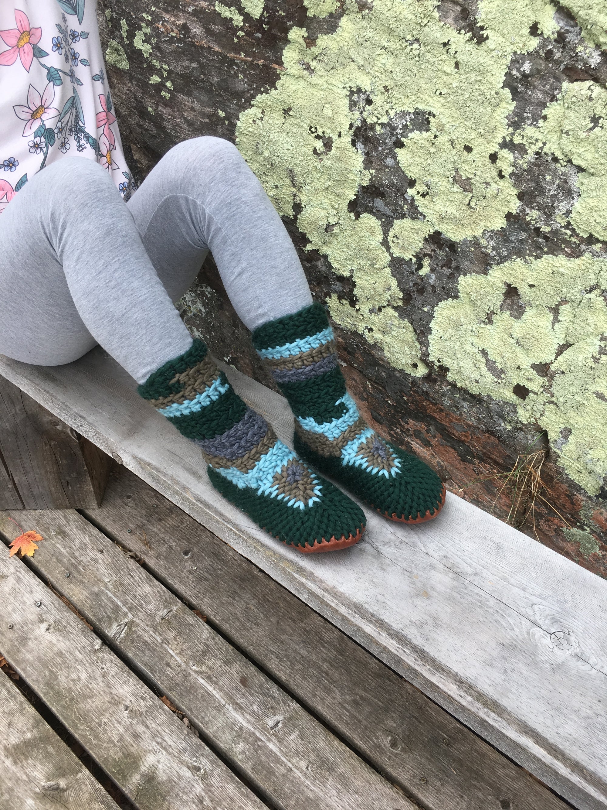 Green Merino Wool Slipper Boot, Handmade in Canada