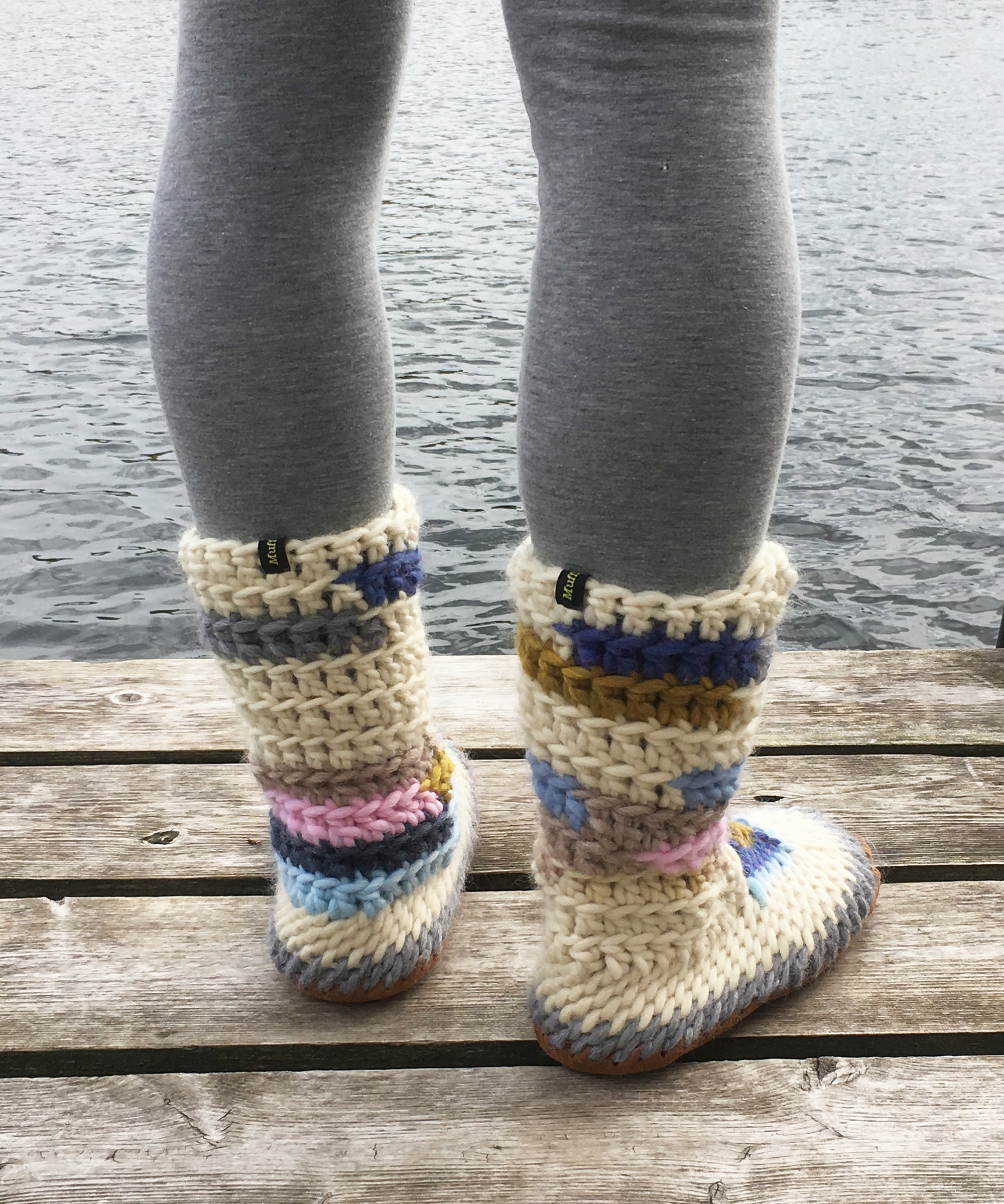 Multi Color Merino Wool Slipper Boots, Handmade in Canada, knitted slippers for women with a leather sole, eco friendly sustainable indoor shoes, best slippers canada