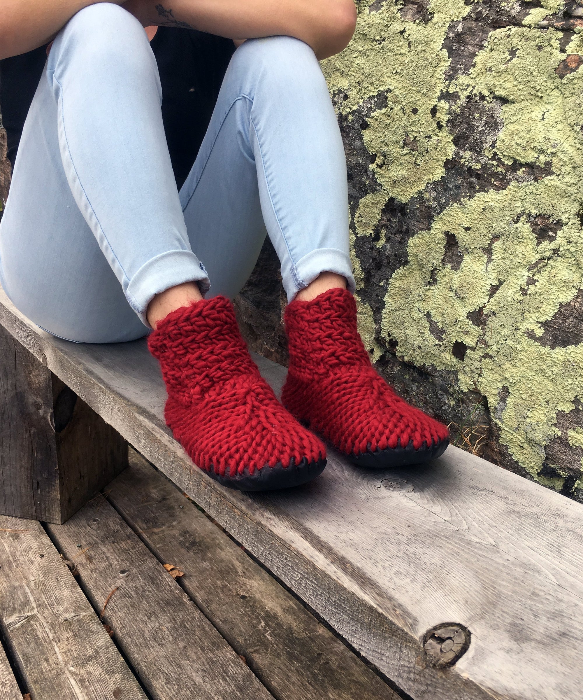 Red Crocheted Merino Wool Slippers with Leather Soles