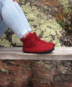 Red Knitted Slipper Booties with Leather Sole, Made in Canada