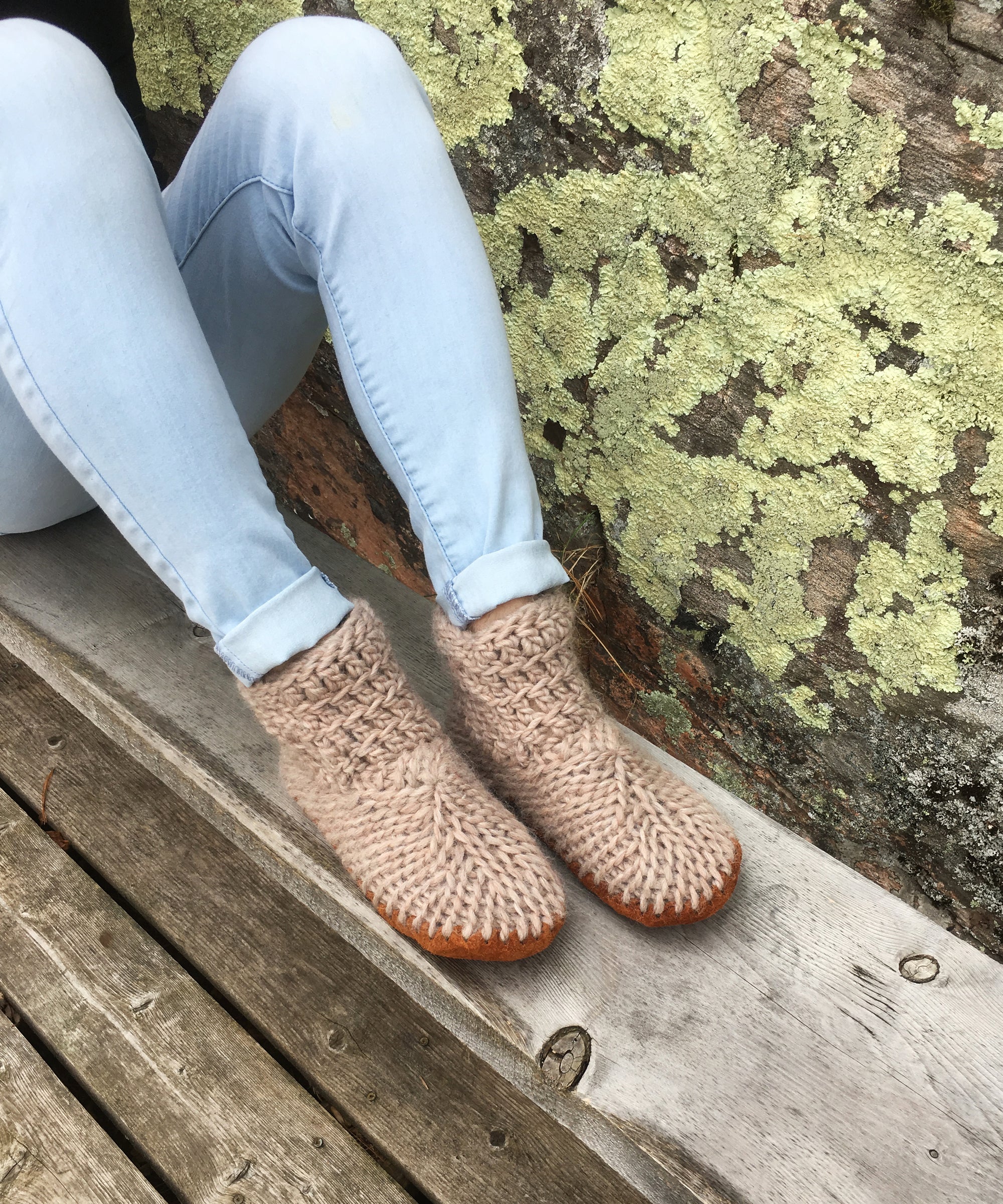 Beige Merino Wool Slippers with Leather Soles, Made in Canada