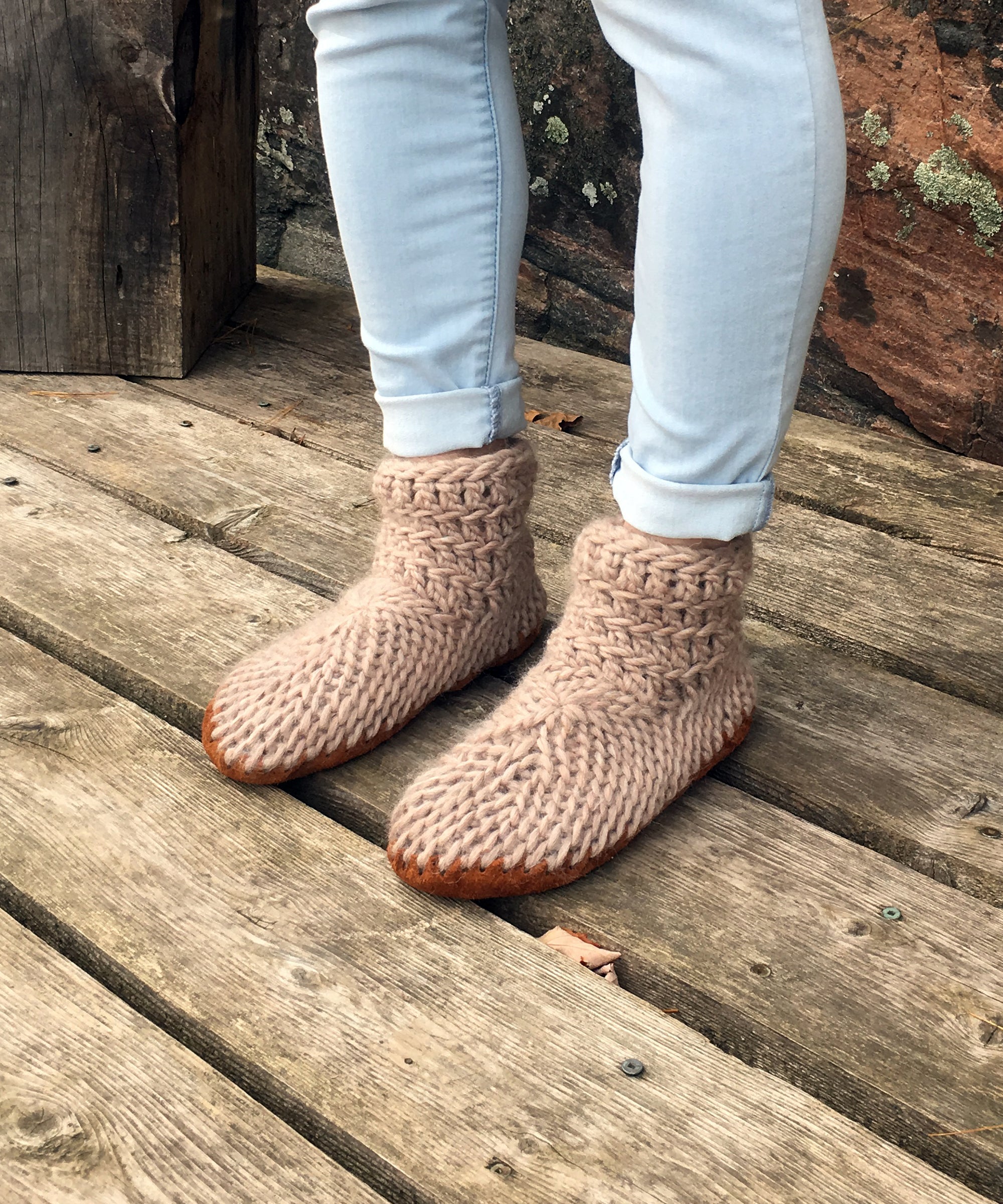 Beige Merino Wool Slippers with Leather Soles, Handmade in Canada