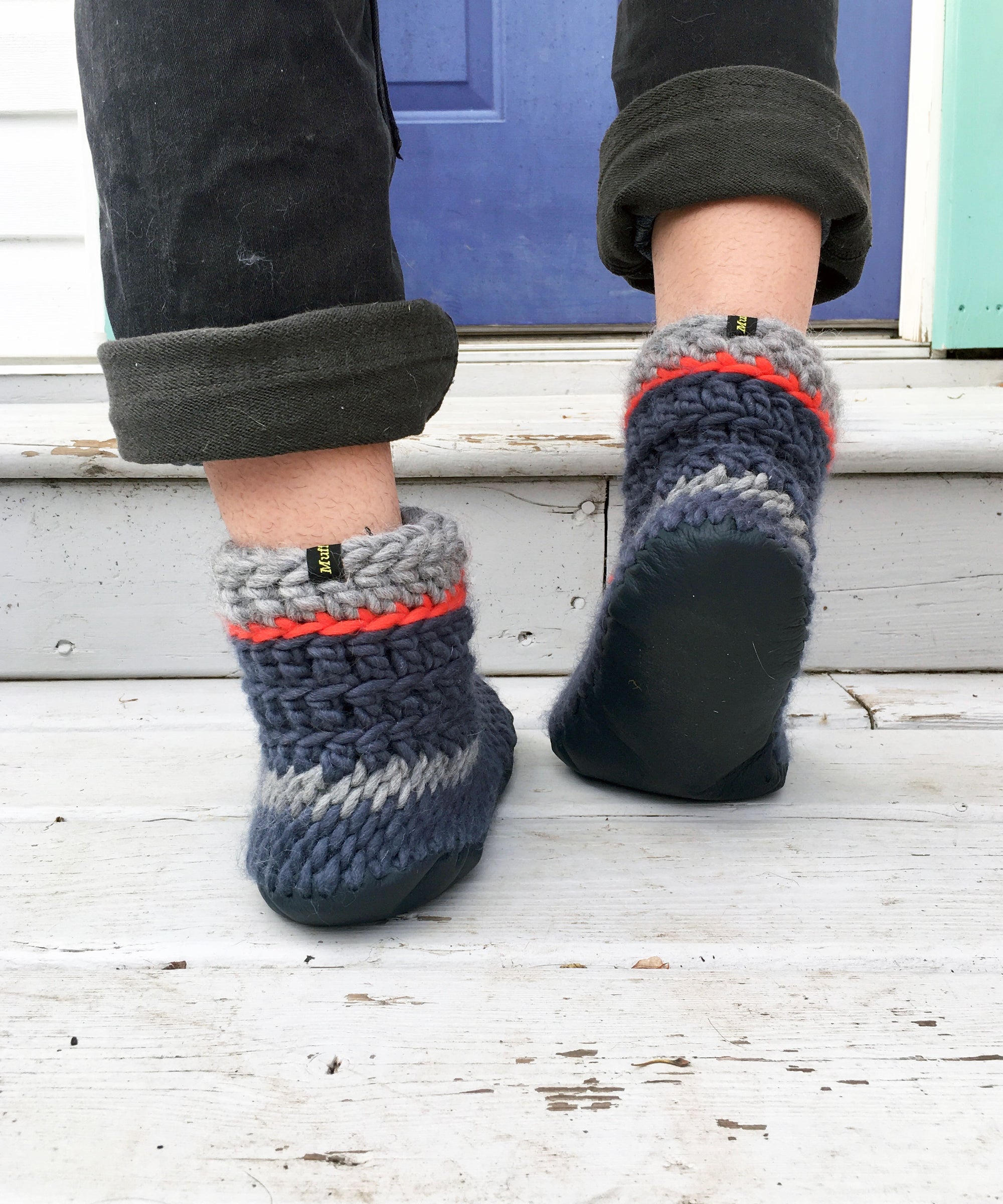 Funky Blue Merino Wool Cozy Slippers, Handmade in Canada