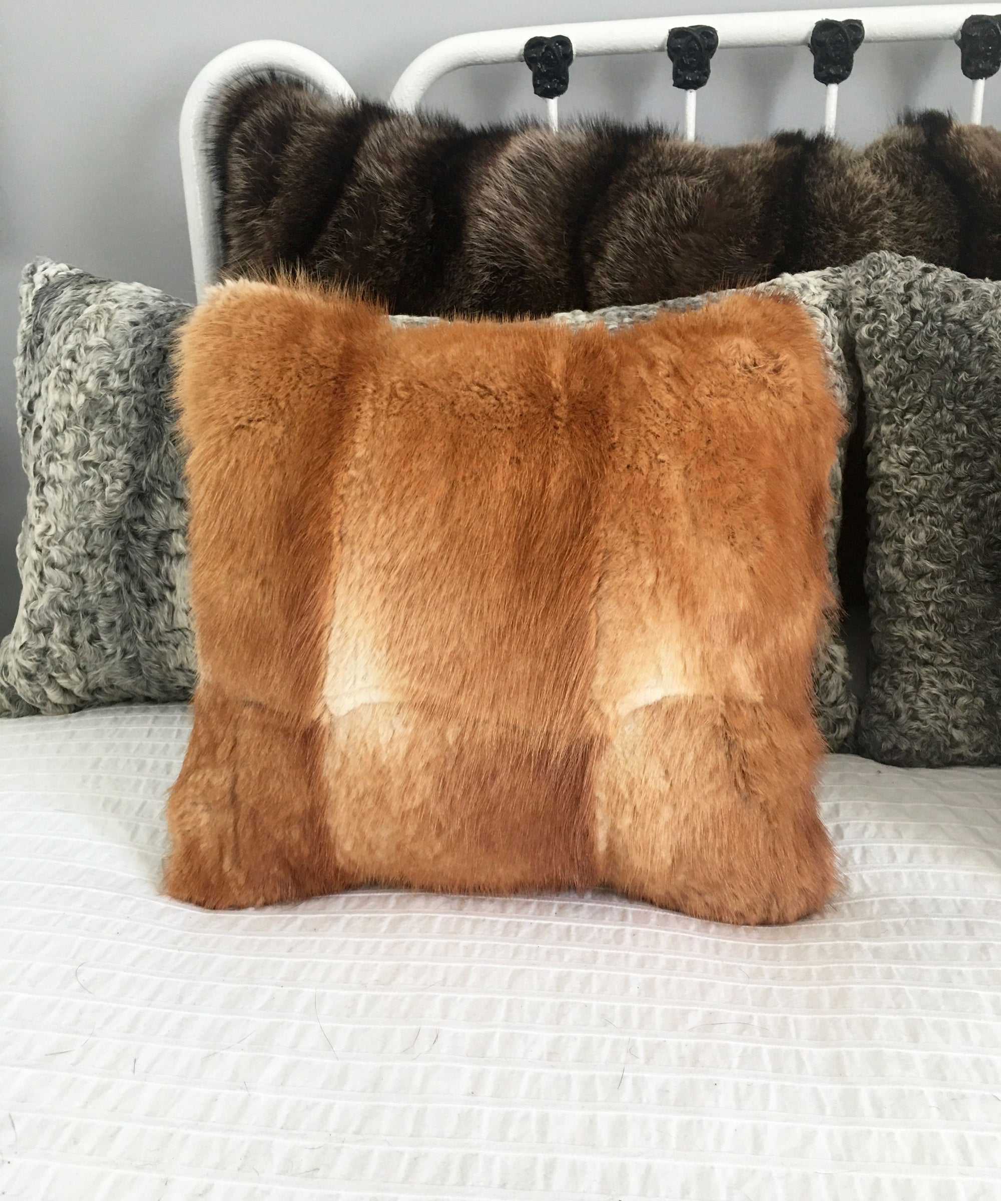 Square Fur Accent Pillows, 13" x 13", Ginger Muskrat