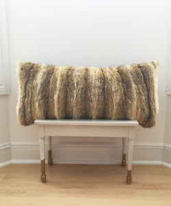 real fluffy coyote fur pillow made from vintage fur coats. Giant fur pillow made in Canada. Fur coat recycling idea. What should I do with my fur coat?
