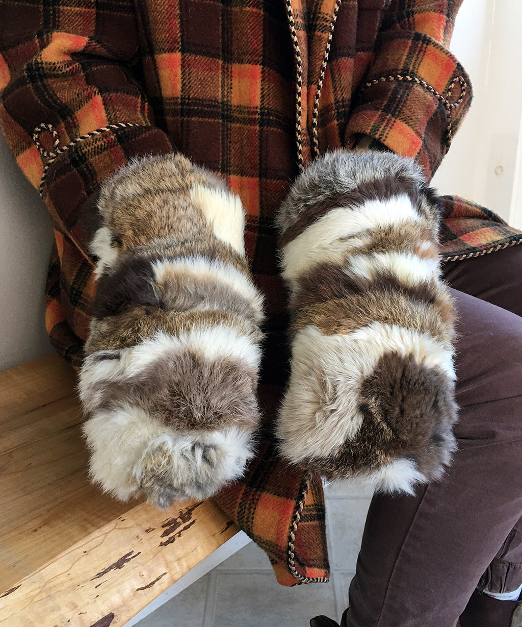 Women's Large / Men's Small Eco-Friendly Real Fur Mittens - Rabbit Fur Multicolour