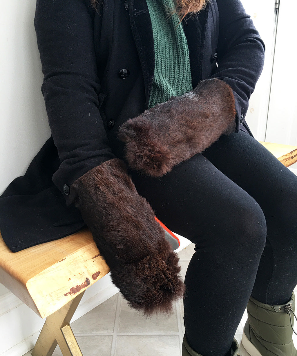 Women's Large / Men's Small Eco-Friendly Real Fur Mittens - Brown Rabbit Neon Wool