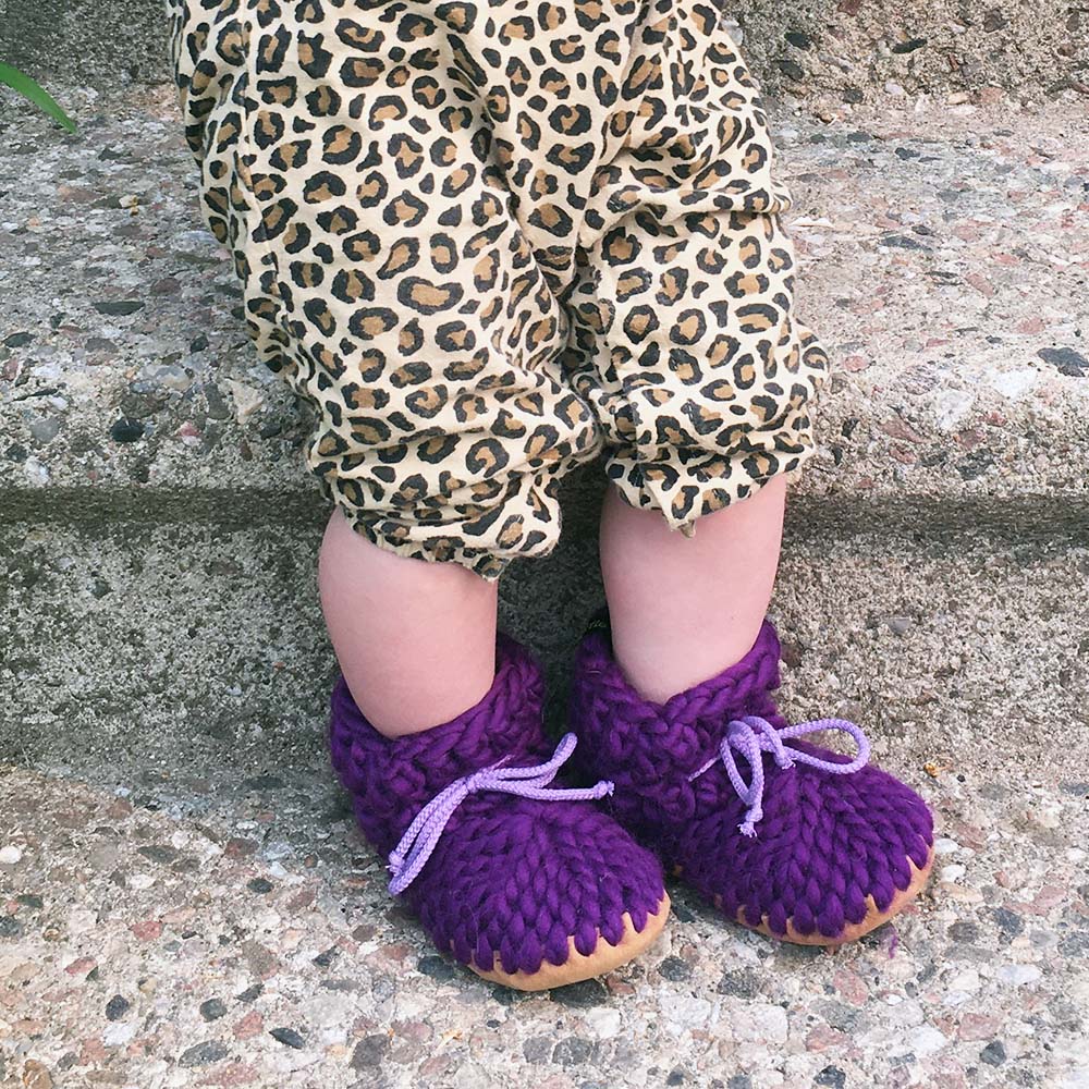 Eco friendly merino wool baby booties handmade in Canada in purple wool