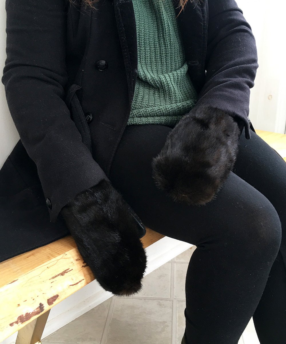 Women's Medium Real Fur Mittens - Black Mink - Muffle - Up!