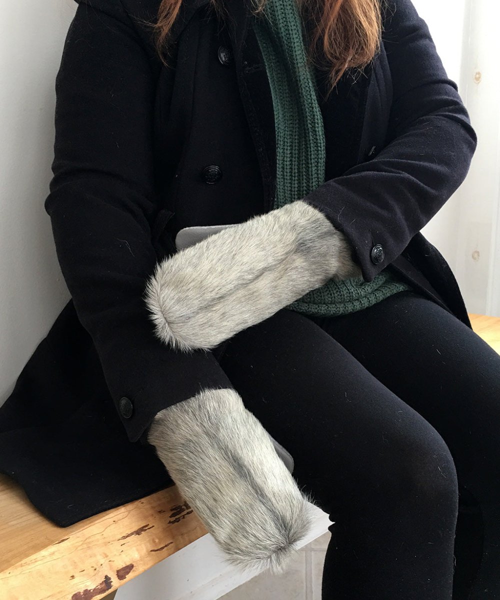 Women's Medium Real Fur Mittens - Light Gray Broadtail Sheep - Muffle - Up!