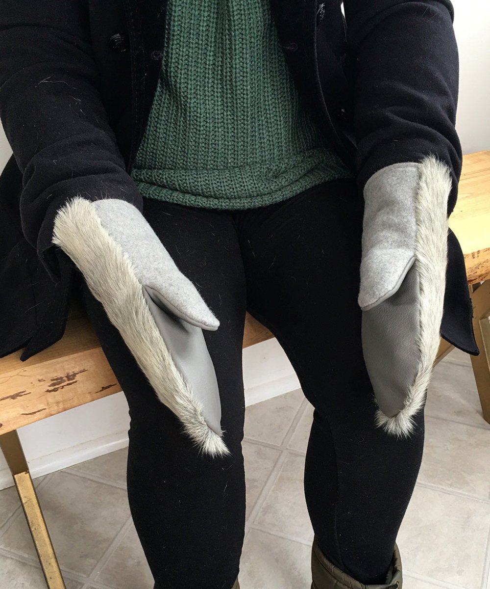 Women's Medium Real Fur Mittens - Light Gray Broadtail Sheep - Muffle - Up!