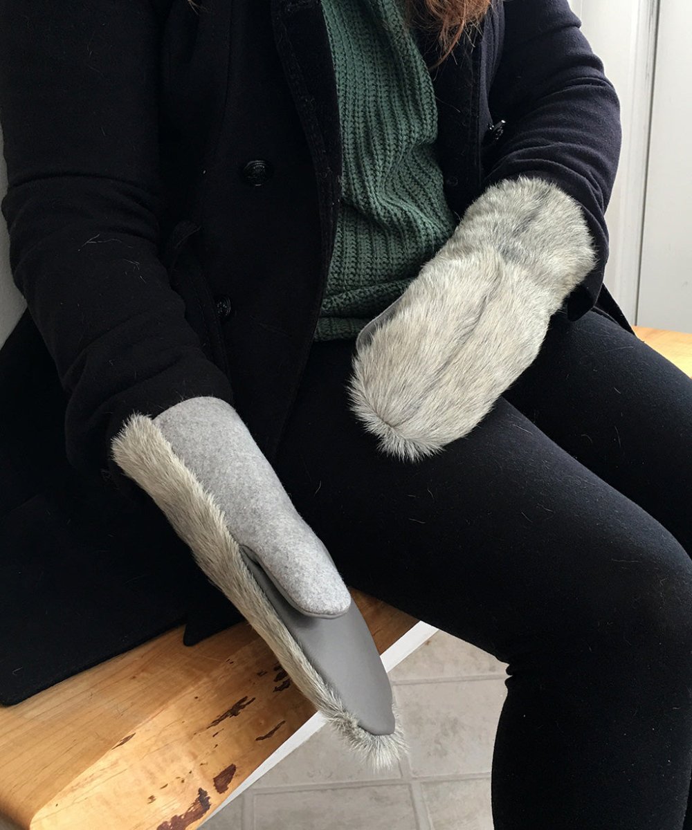 Women's Medium Real Fur Mittens - Light Gray Broadtail Sheep - Muffle - Up!
