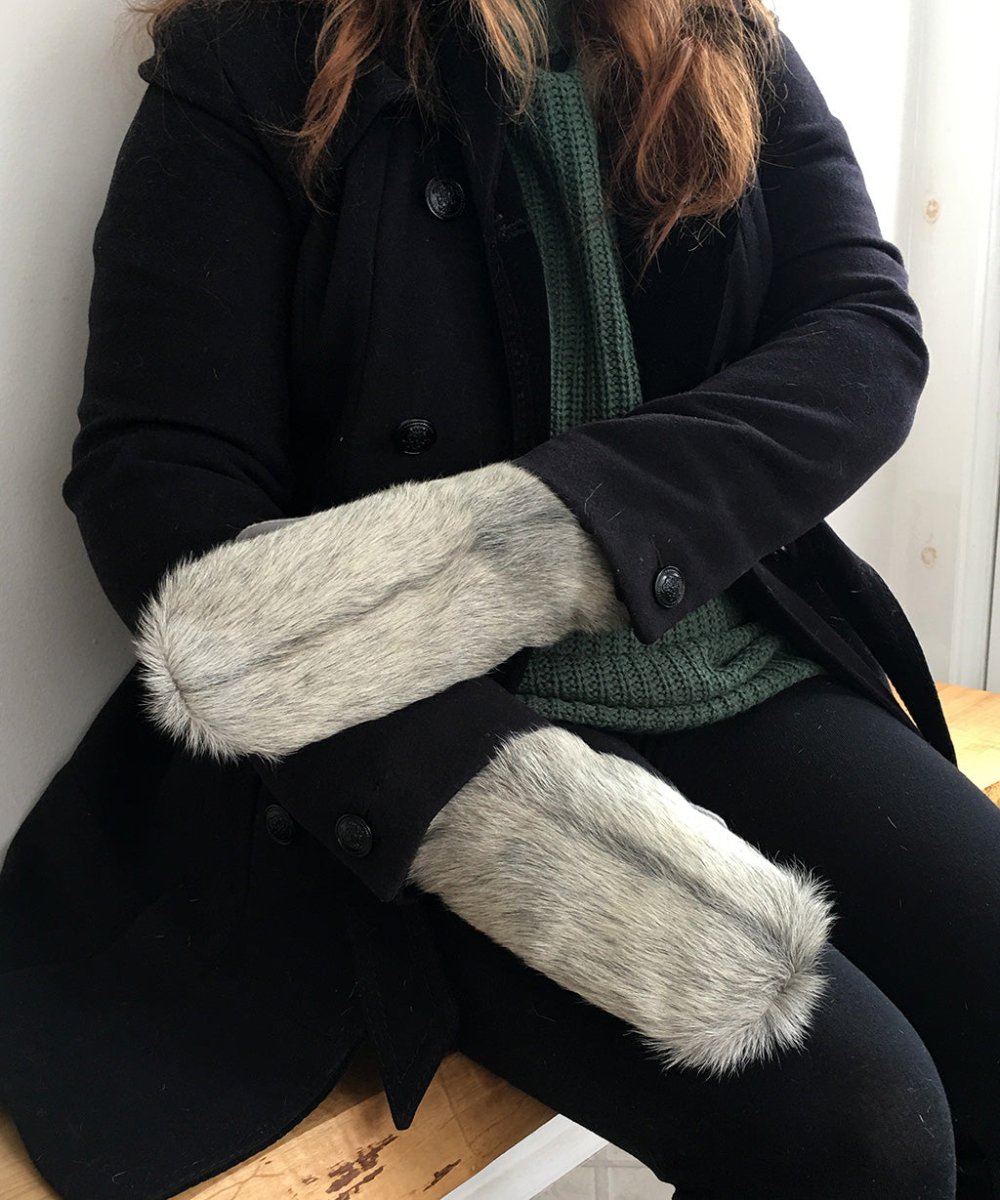 Women's Medium Real Fur Mittens - Light Gray Broadtail Sheep - Muffle - Up!