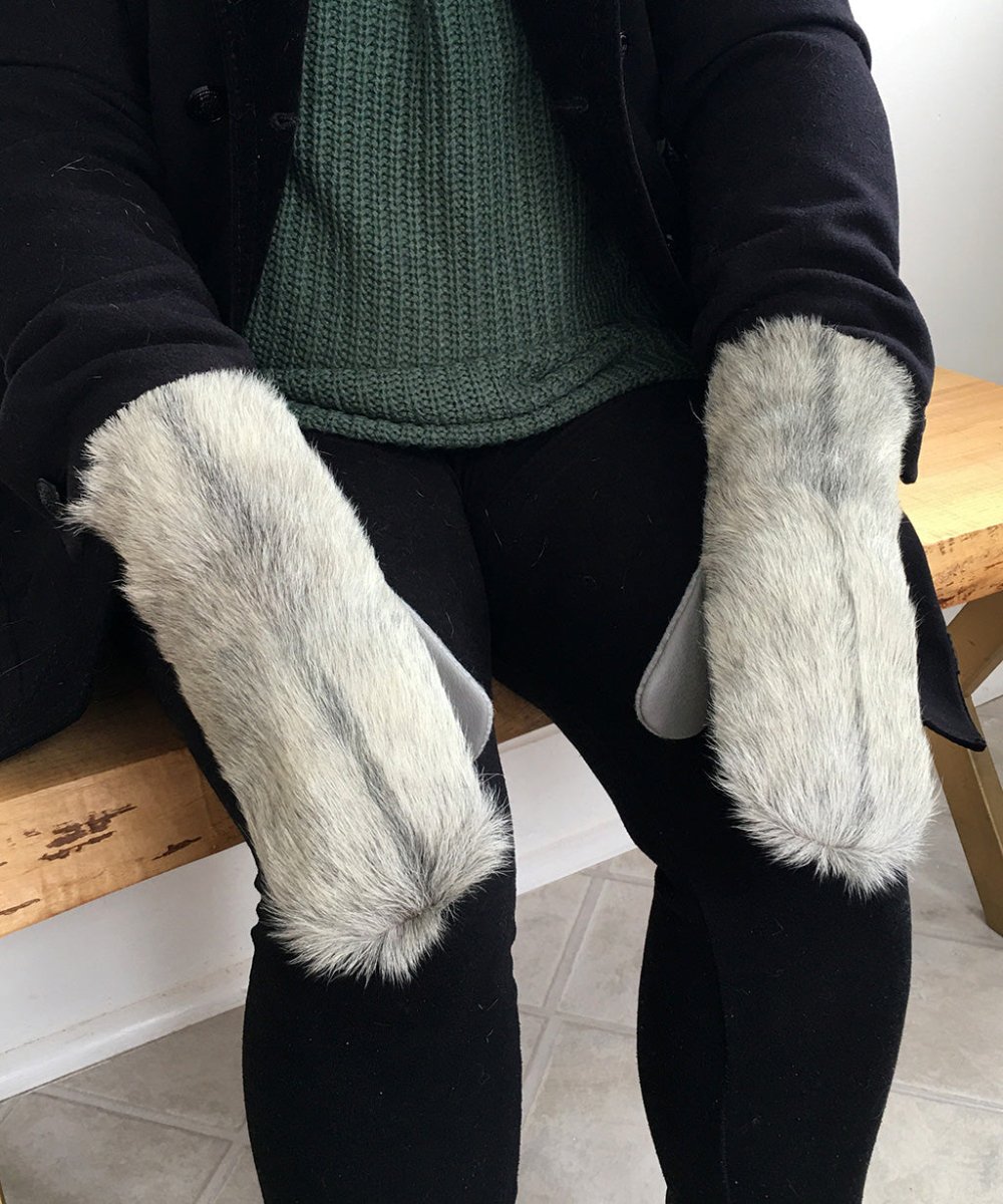 Women's Medium Real Fur Mittens - Light Gray Broadtail Sheep - Muffle - Up!
