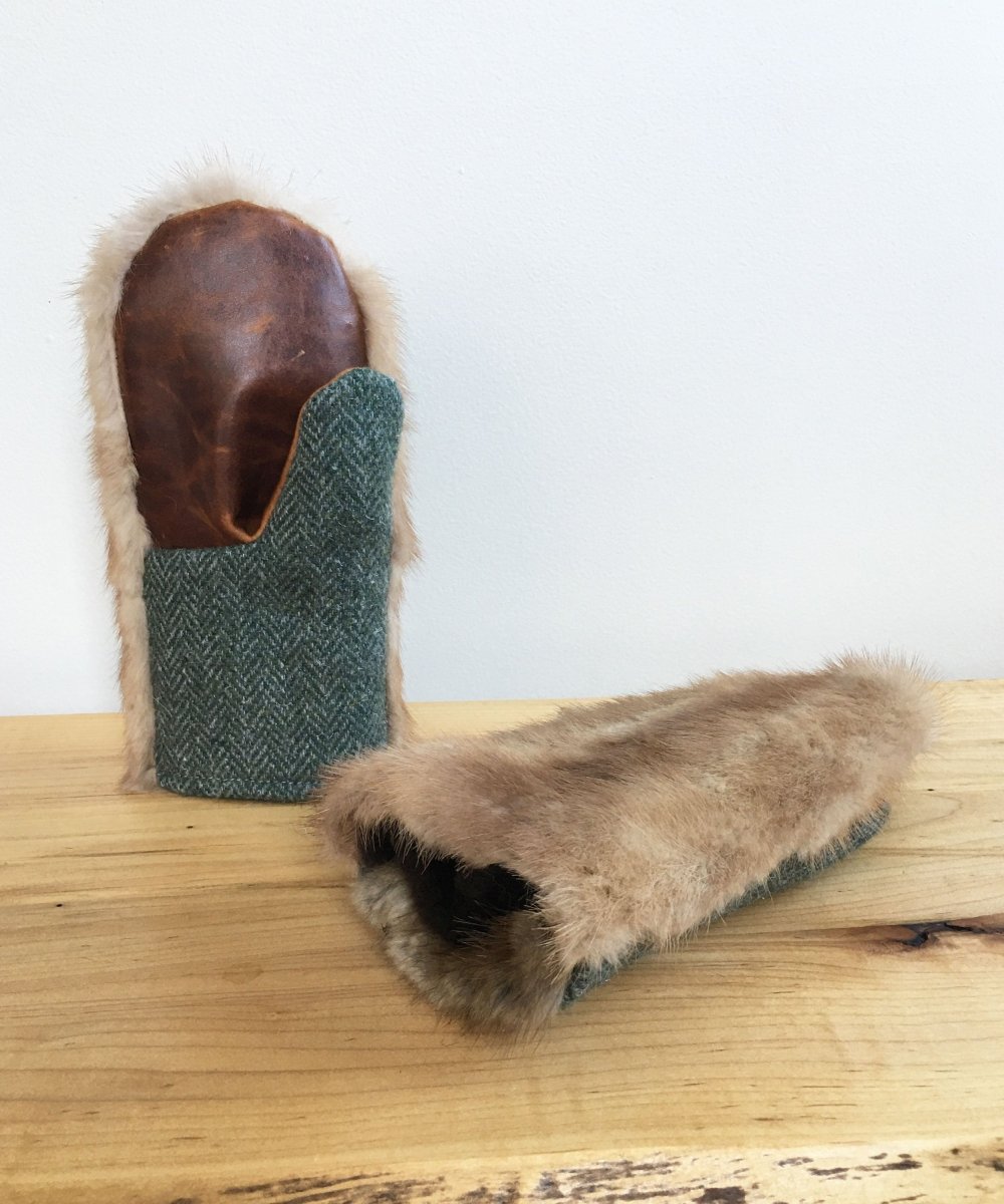Women's Small Real Fur Mittens - Brown Mink, Khaki Wool - Muffle - Up!