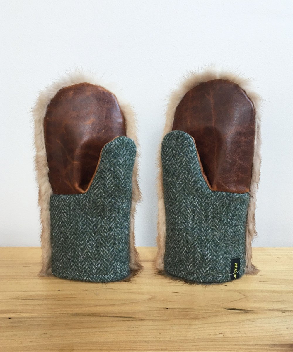 Women's Small Real Fur Mittens - Brown Mink, Khaki Wool - Muffle - Up!