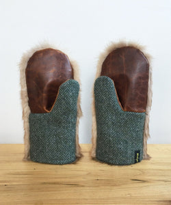 Women's Small Real Fur Mittens - Brown Mink, Khaki Wool - Muffle - Up!