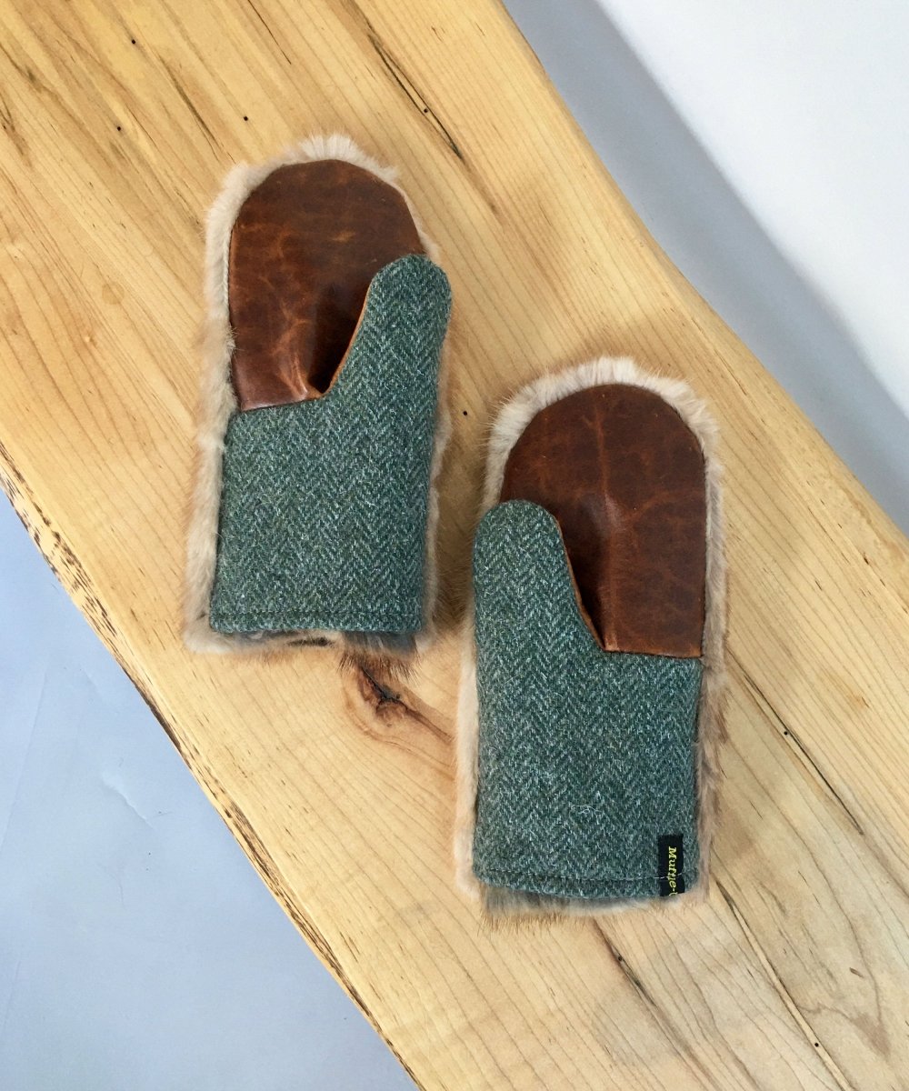 Women's Small Real Fur Mittens - Brown Mink, Khaki Wool - Muffle - Up!