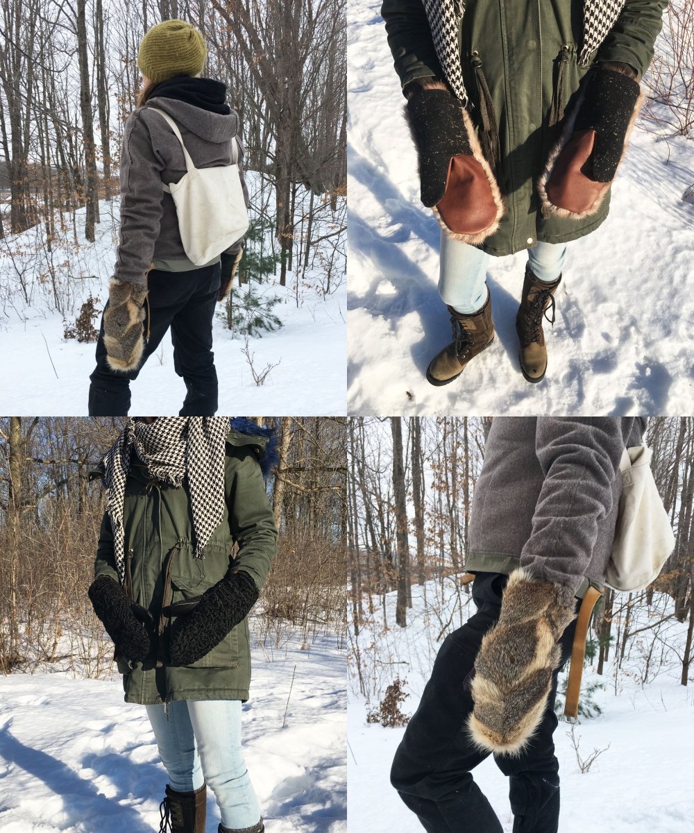 Women's Small Real Fur Mittens - Brown Mink, Khaki Wool - Muffle - Up!