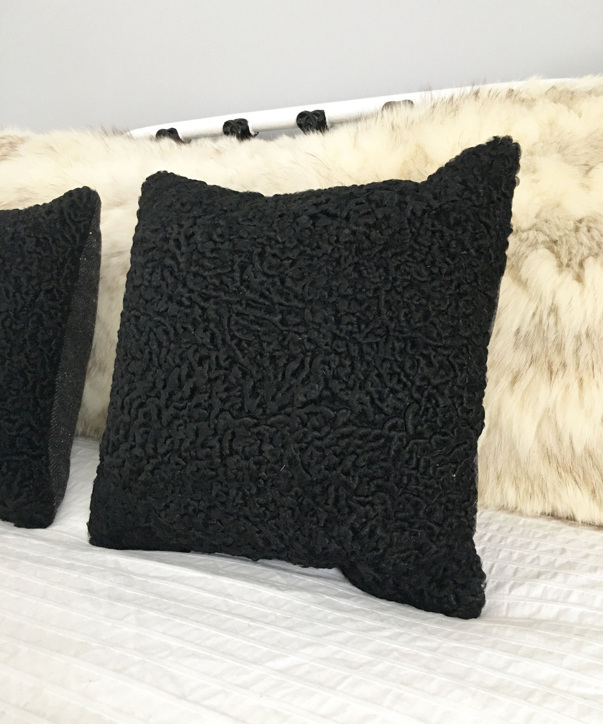 Square Fur Accent Pillows, 13" x 13", Black Persian Lamb