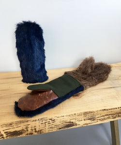 warm real genuine fur mittens for women, mittens gloves with a fur lining made from vintage fur coats. brown leather, khaki wool and blue mink fur