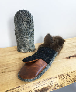 Gray Sheepskin Mittens, Real Fur mitttens gloves with fur lining, fur lined made with leather wool and real fur 