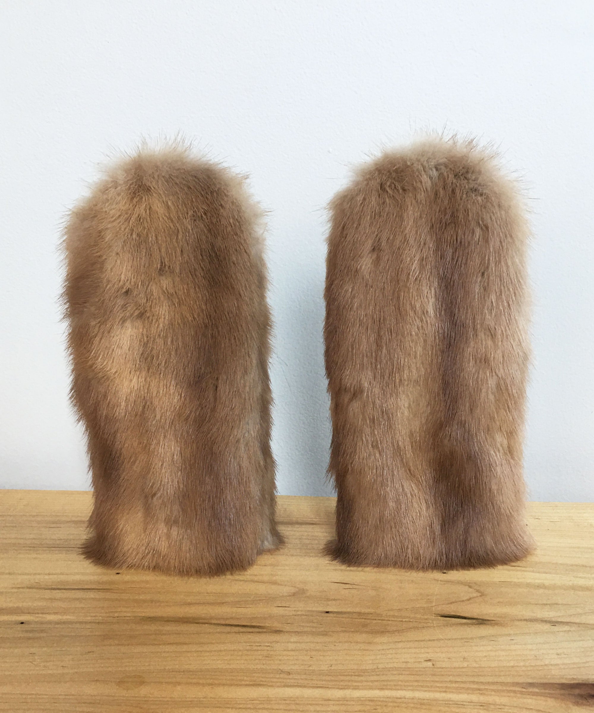 Women's Small Eco-Friendly Real Fur Mittens - Brown Mink, Khaki Wool