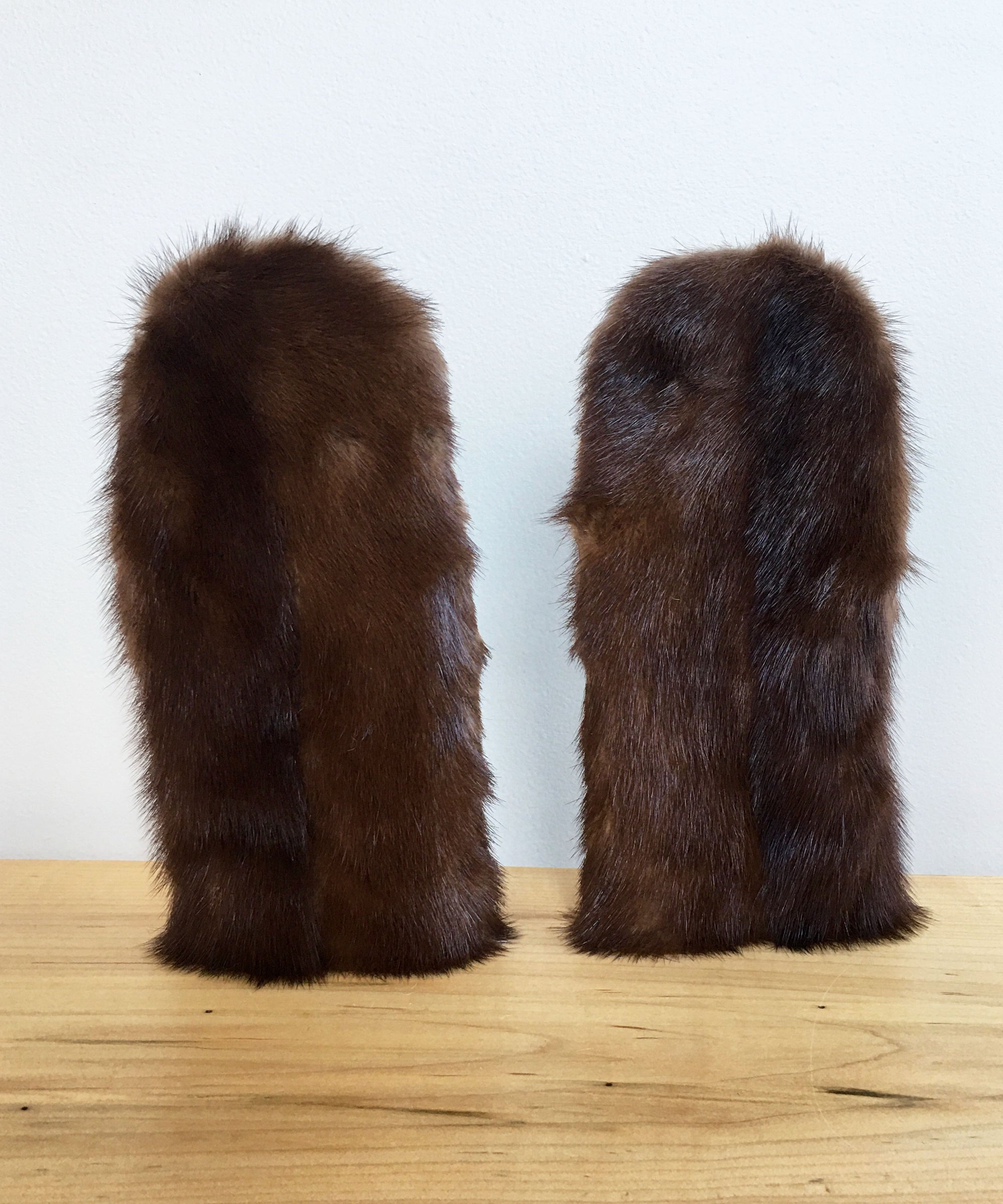 Women's Small Eco-Friendly Real Fur Mittens - Dark Brown Mink, Gray Wool