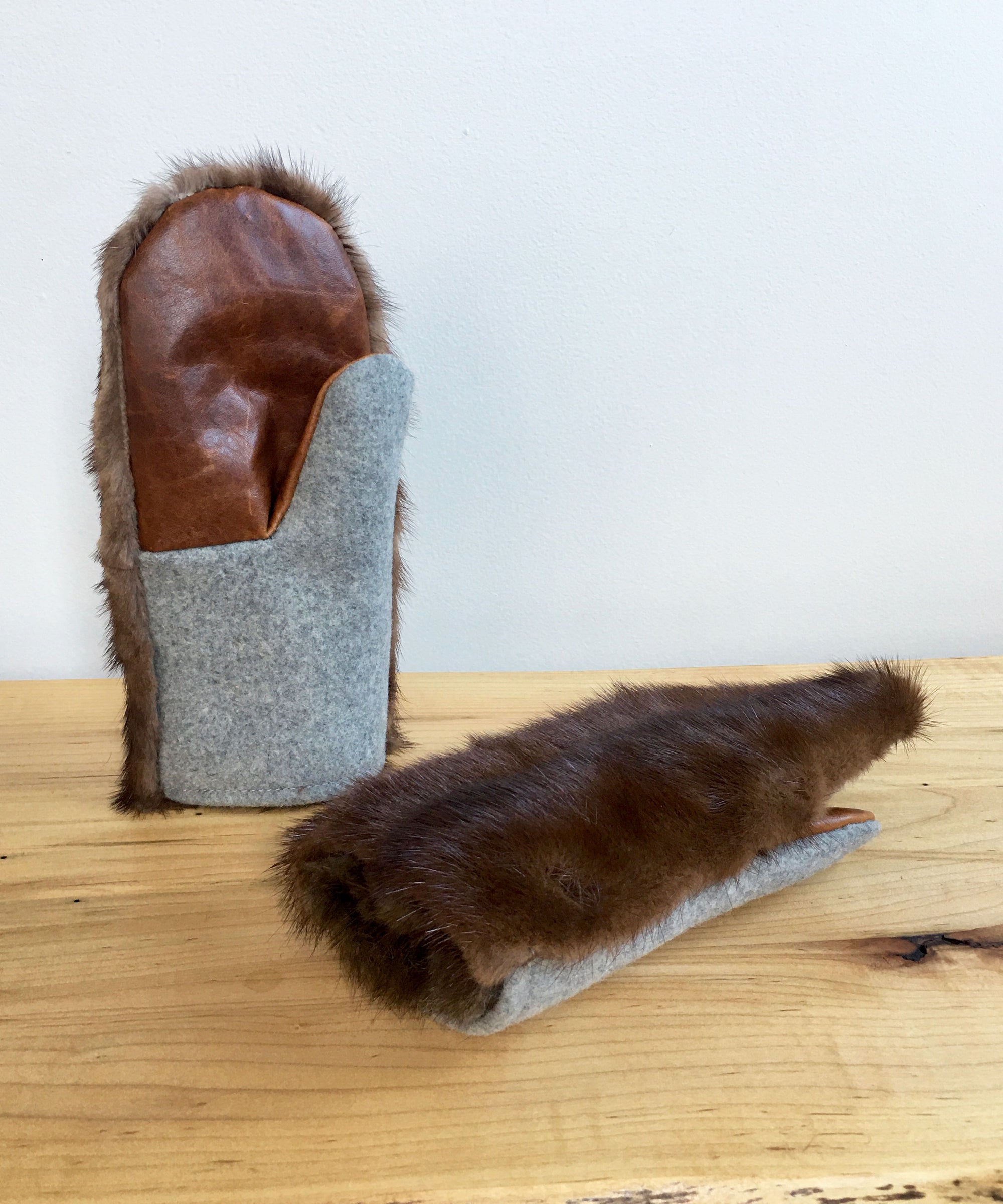 Women's Small Eco-Friendly Real Fur Mittens - Dark Brown Mink, Gray Wool