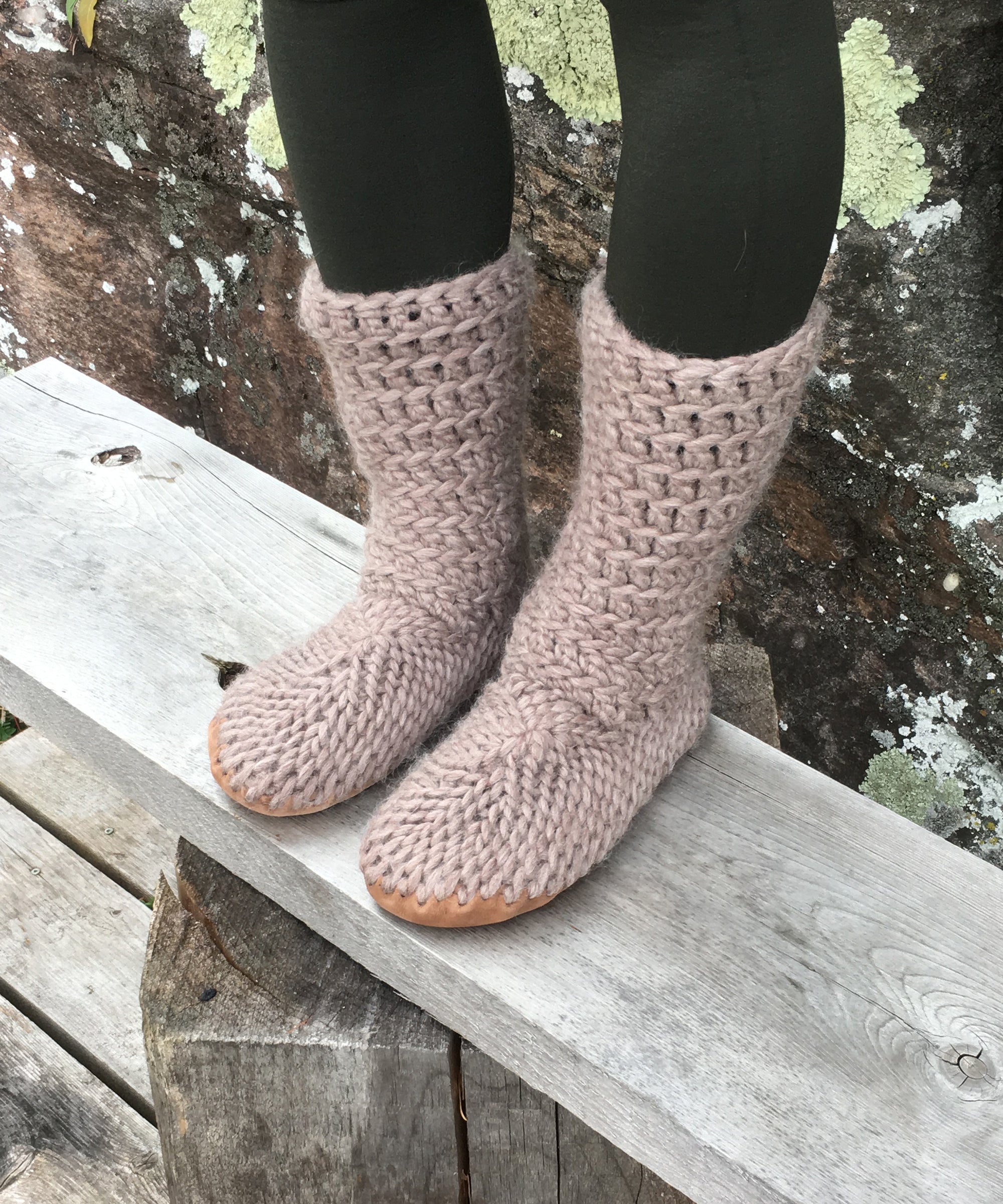 Muffle-Boot: Fawn, Beige Merino Wool Boot Slipper with Leather Sole