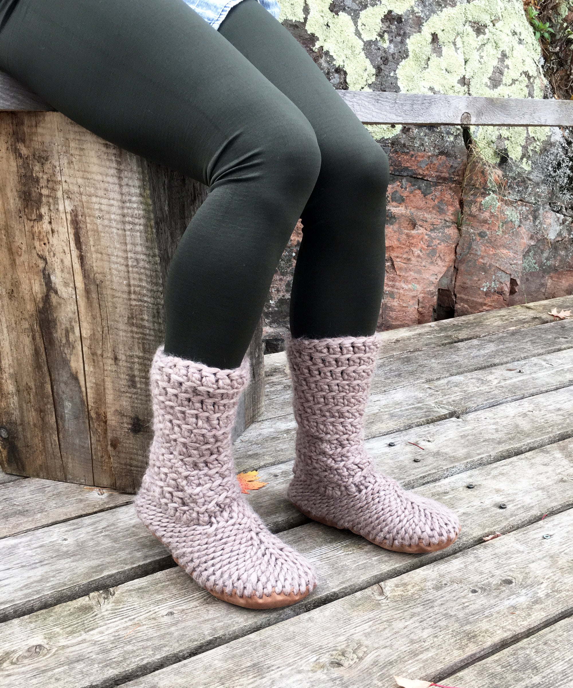 Muffle-Boot: Fawn, Beige Merino Wool Boot Slipper with Leather Sole