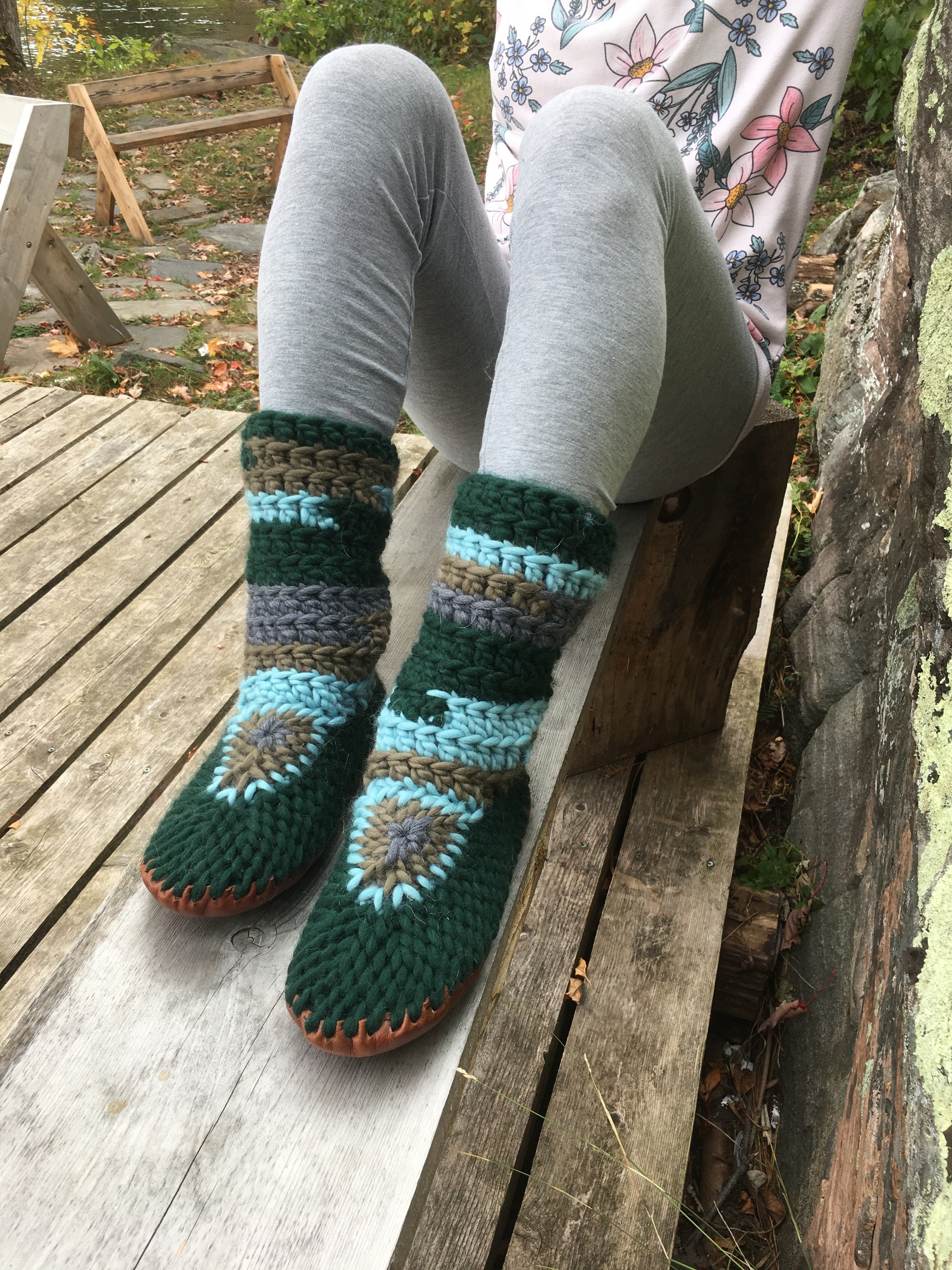 Green Merino Wool Slipper Boot with Leather Soles