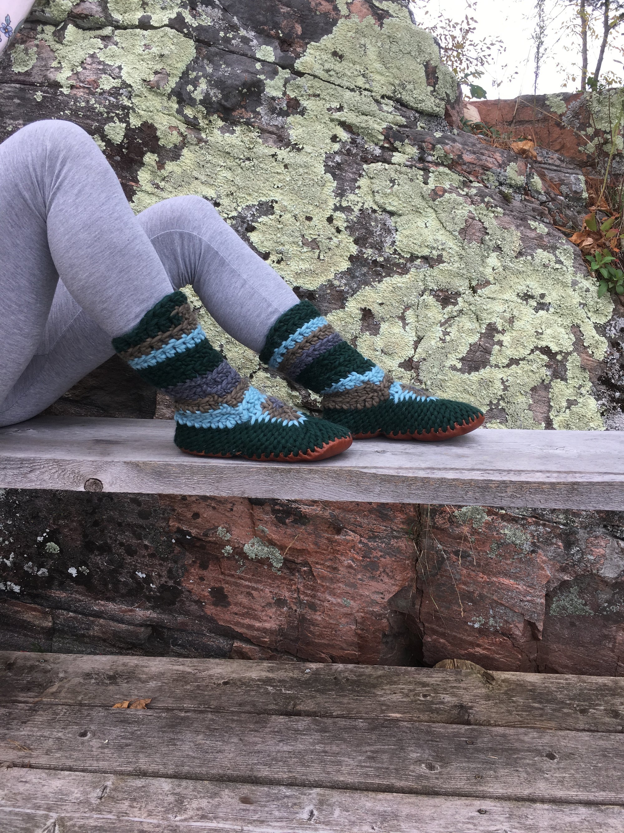 Green Merino Wool Slipper Boot, Handmade in Canada