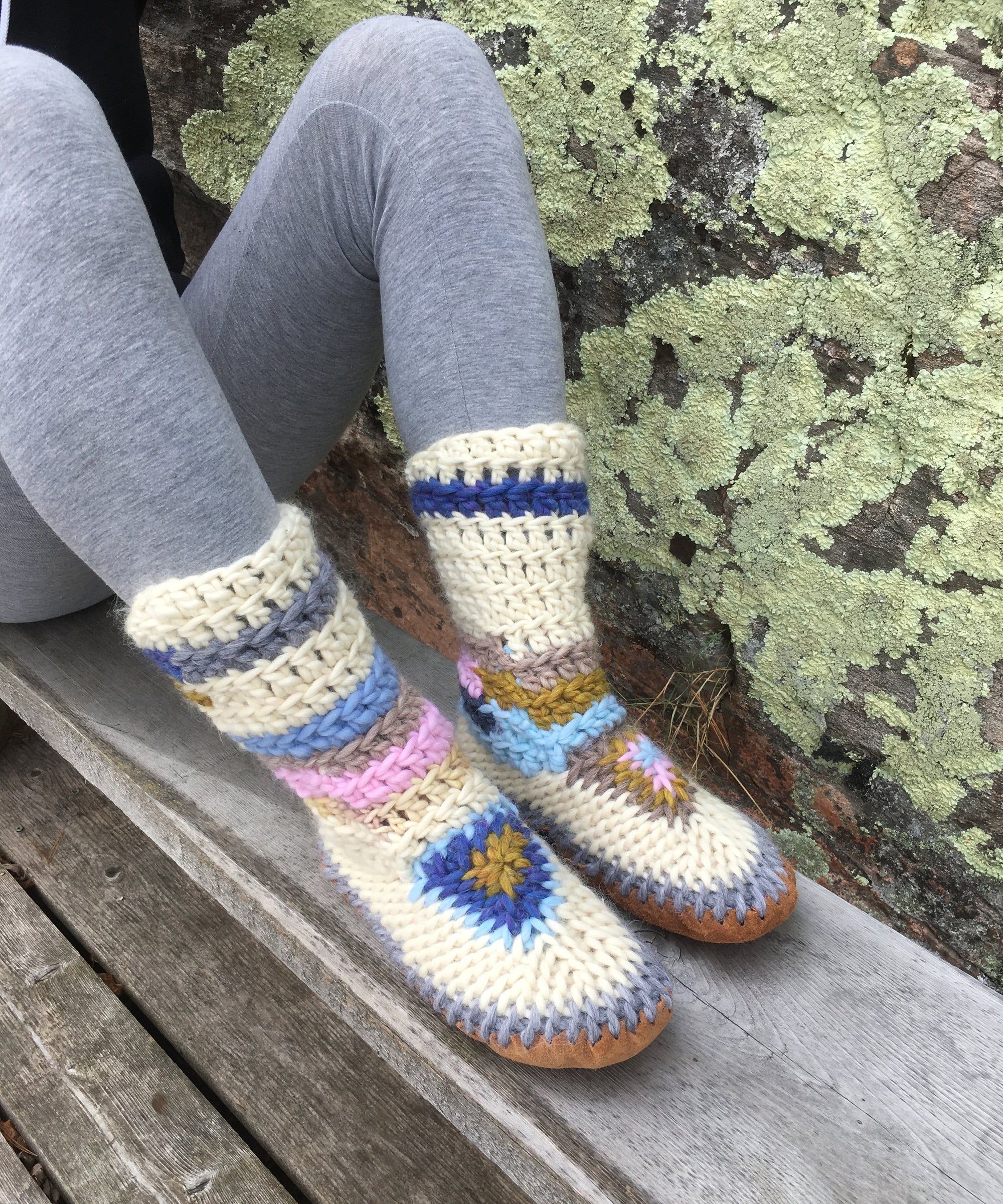 Multi Color Merino Wool Slipper Boots, Handmade in Canada, Funky Rainbow slippers for women, best fur lined slippers