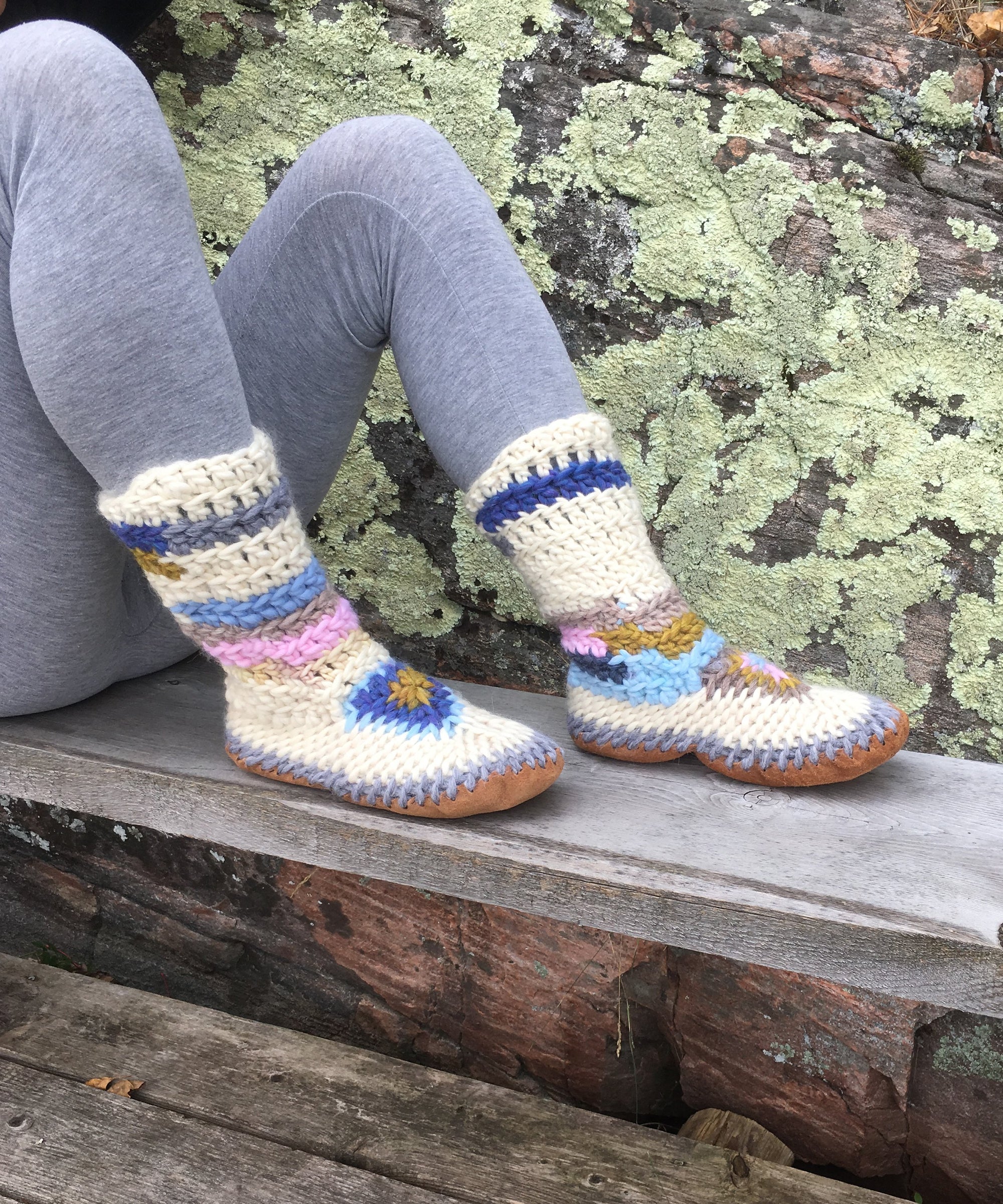 Multi Color Merino Wool Slipper Boots, Handmade in Canada, knee high wool slippers, slippers with fur lining, rainbow slippers women