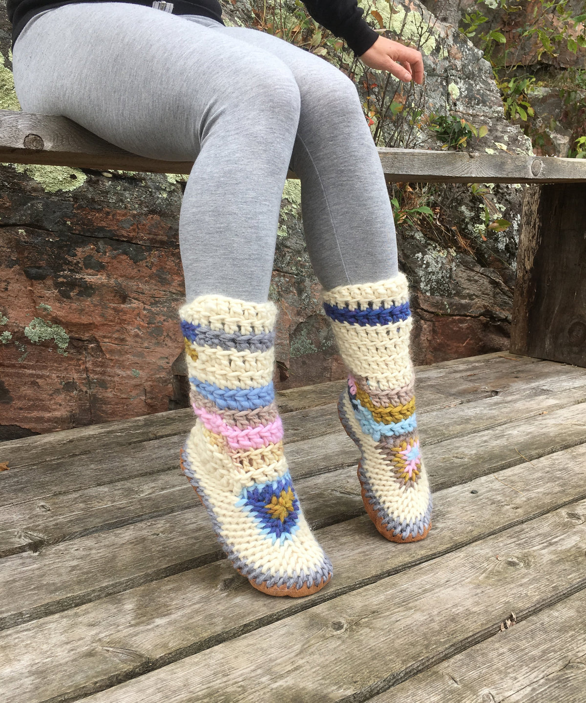 Fun Rainbow Merino Wool Slipper Boots, Handmade in Canada Slippers, Eco Friendly House Shoes