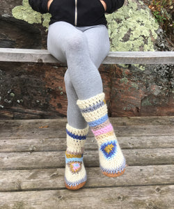 Merino Wool Slipper Boot in Ivory with Bright Multi Colored Accents