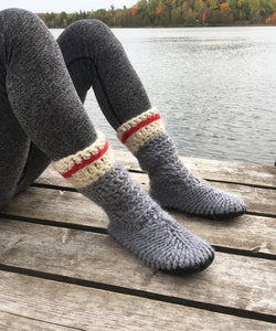 Merino Wool Work Sock Slippers Gray with Red Stripe Canada