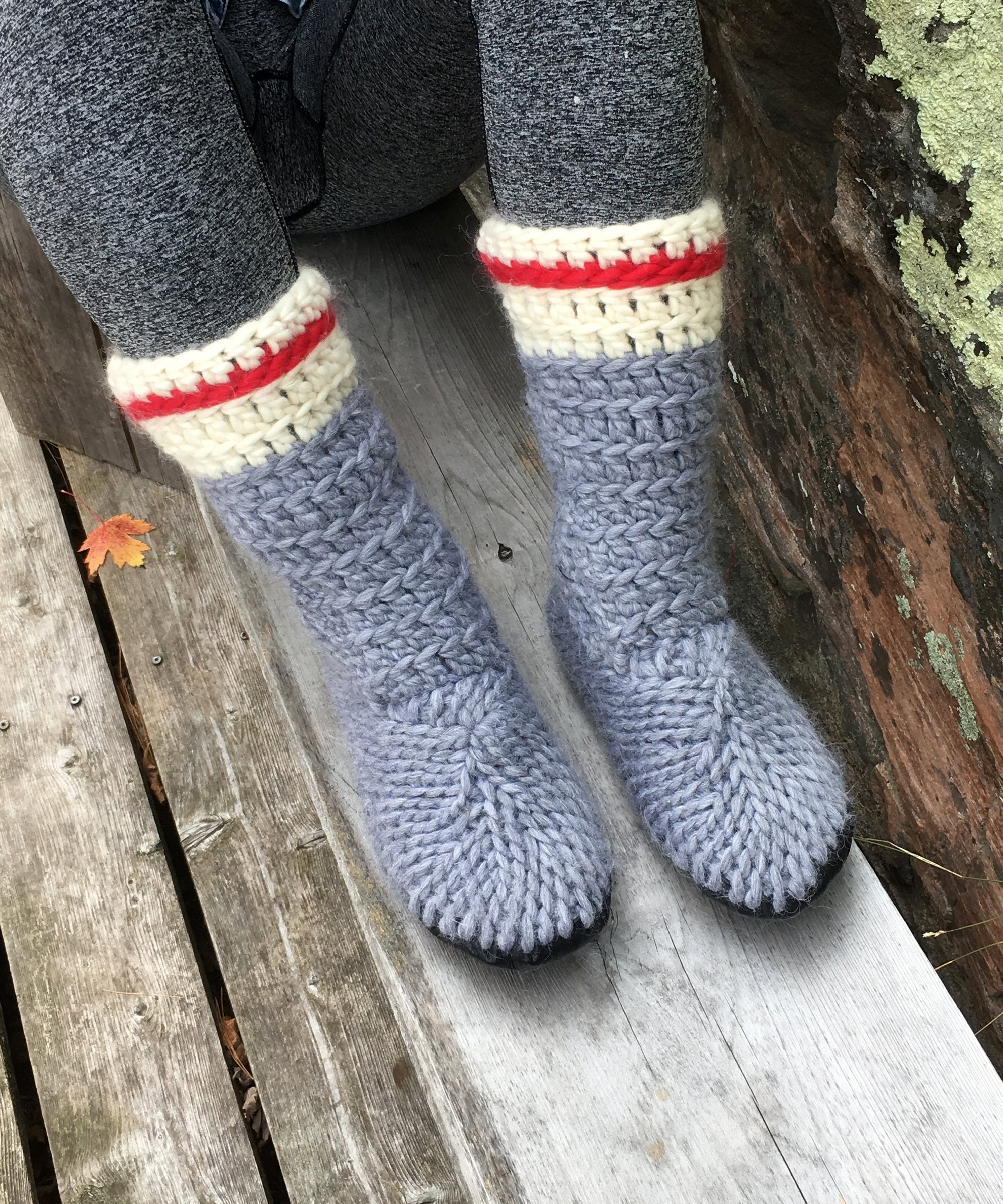 Merino Wool Sock Monkey Slippers, Work Sock Slippers Gray and Red Stripe Canada, Handmade for Men and Women