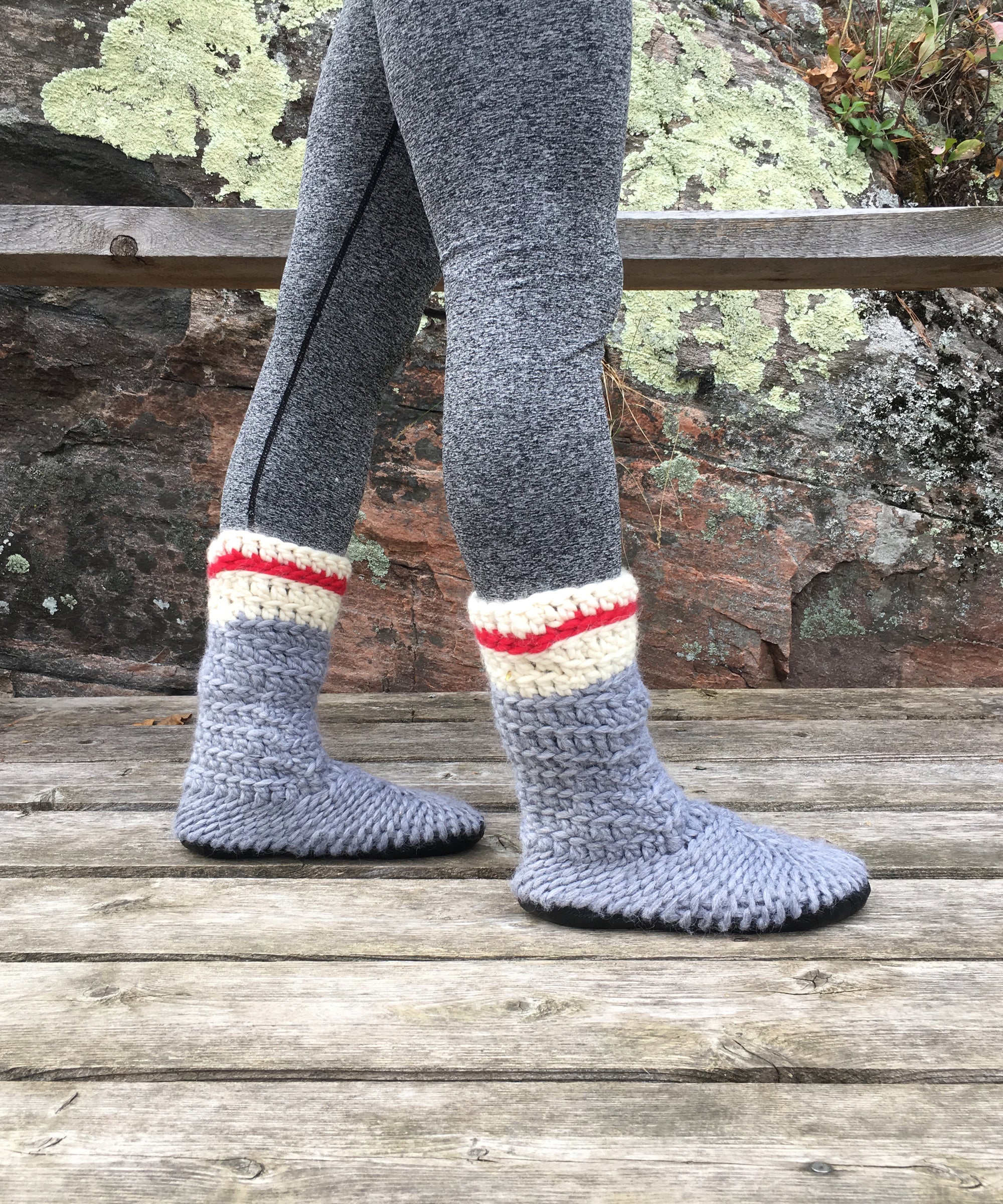 Tall Slipper Booties, Merino Wool Slipper Socks Gray with Red Stripe Slipper Boots made in Canada