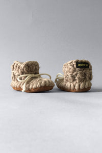 custom baby booties made in Canada, handmade crochet with Merino wool, cozy shearling lining and durable leather soles