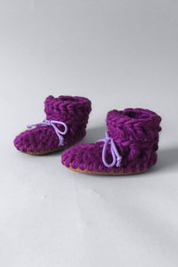knitted kids booties purple handmade recycled