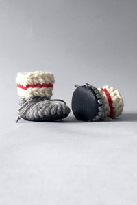 Gray with red stripe baby sock booties, merino wool kids slipper booties
