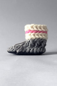 knitted kids slippers pink and grey handmade upcycled
