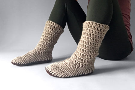 knitted slipper boots fawn beige handmade recycled