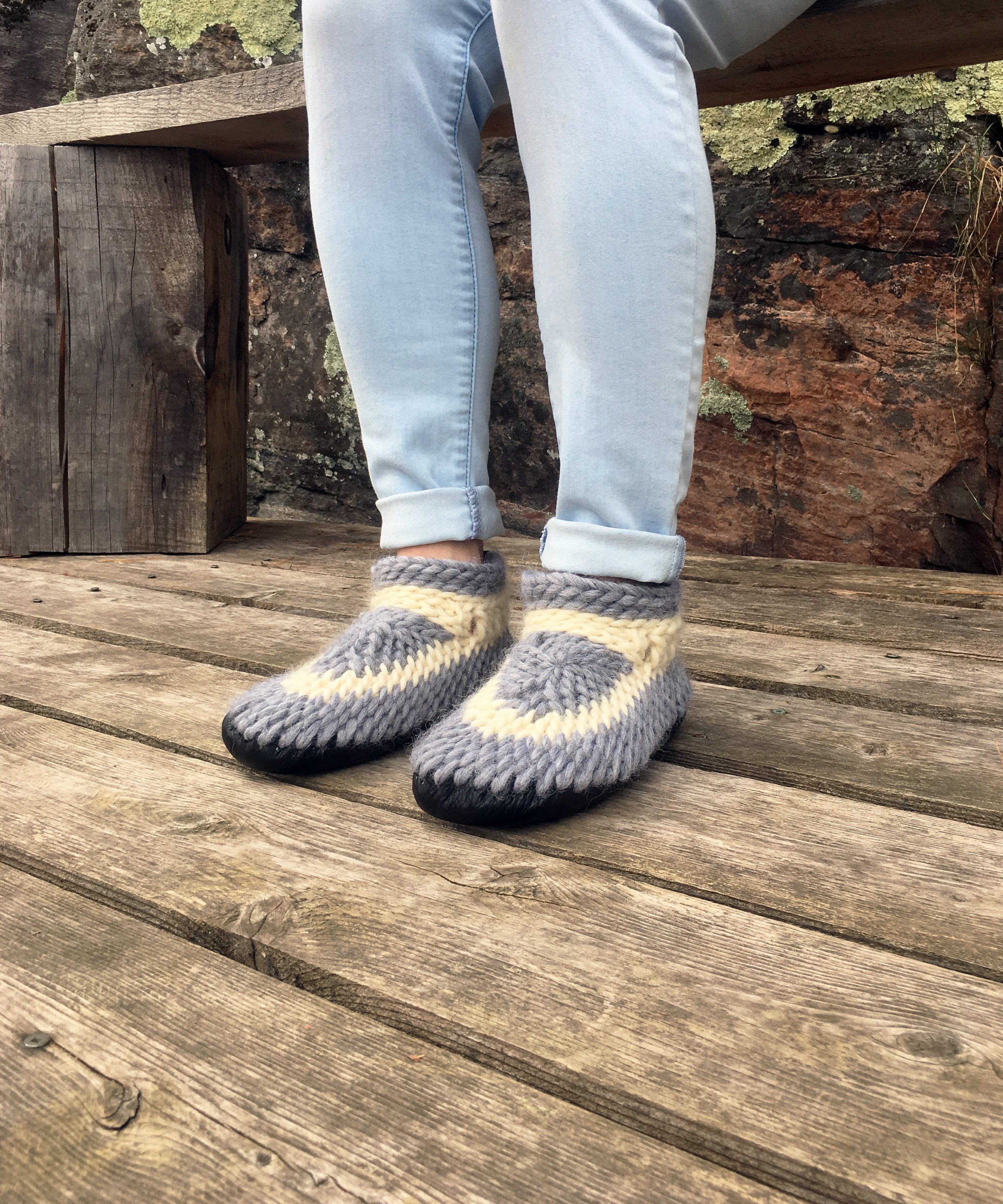 Gray and White Merino Wool Slippers, Made in Canada