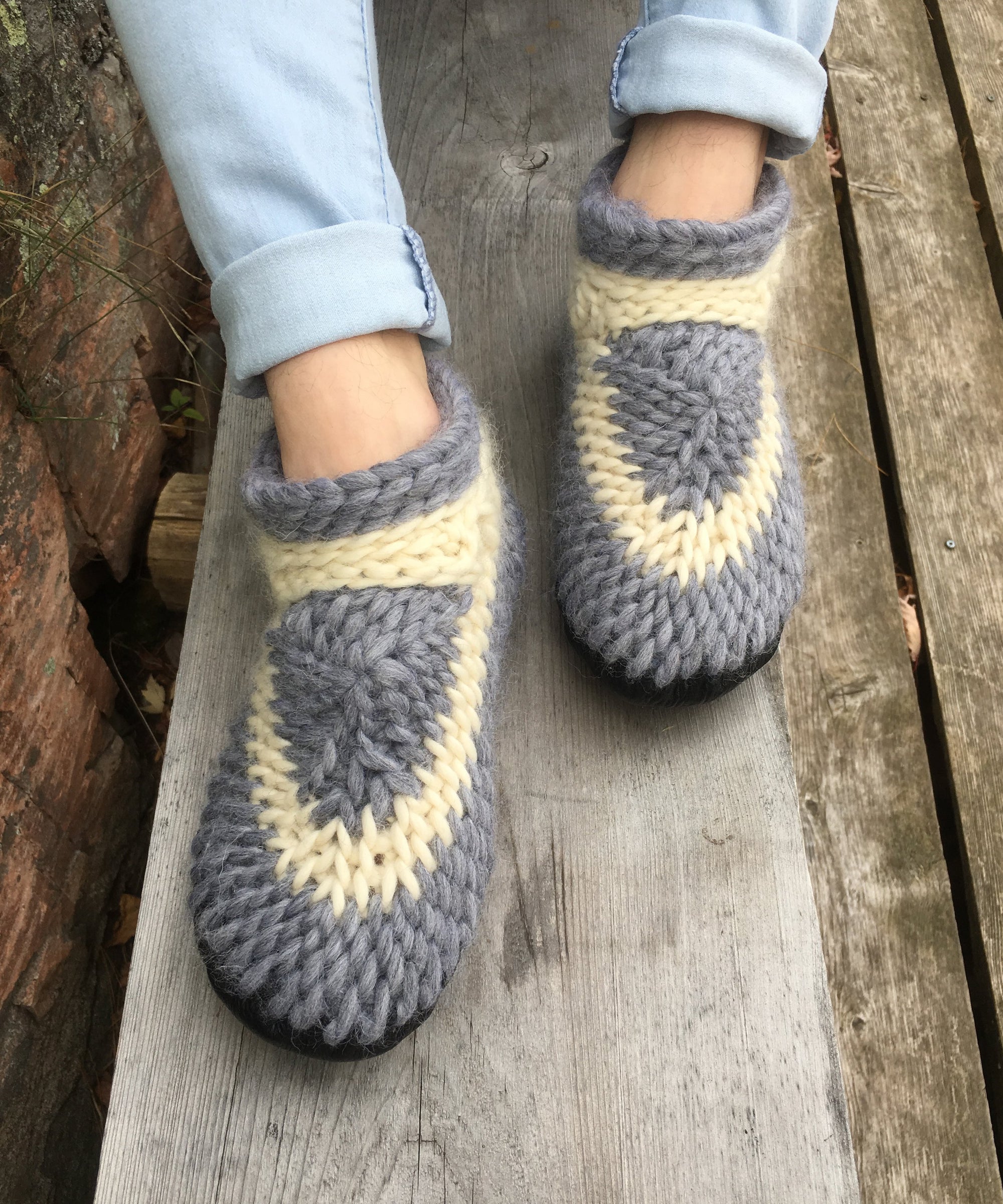 Knitted Slippers with Leather Soles in a Soft Gray and White