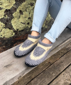Gray Merino Wool Crocheted Slippers with Leather Soles